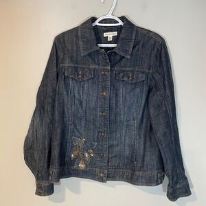Coldwater Creek Womens Beaded Sequin Denim Jacket Dark Wash Size 14 Boho Western